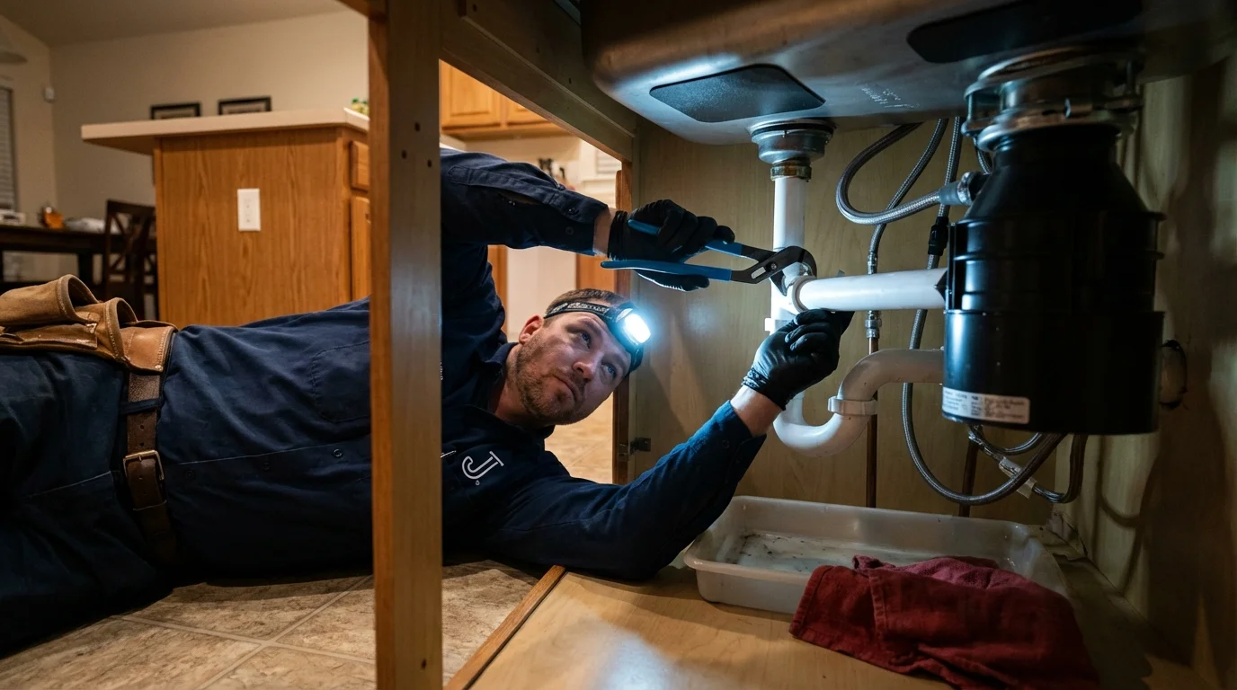 P-trap and supply line connections under a kitchen sink showing a common leak point in Kalamazoo, MI